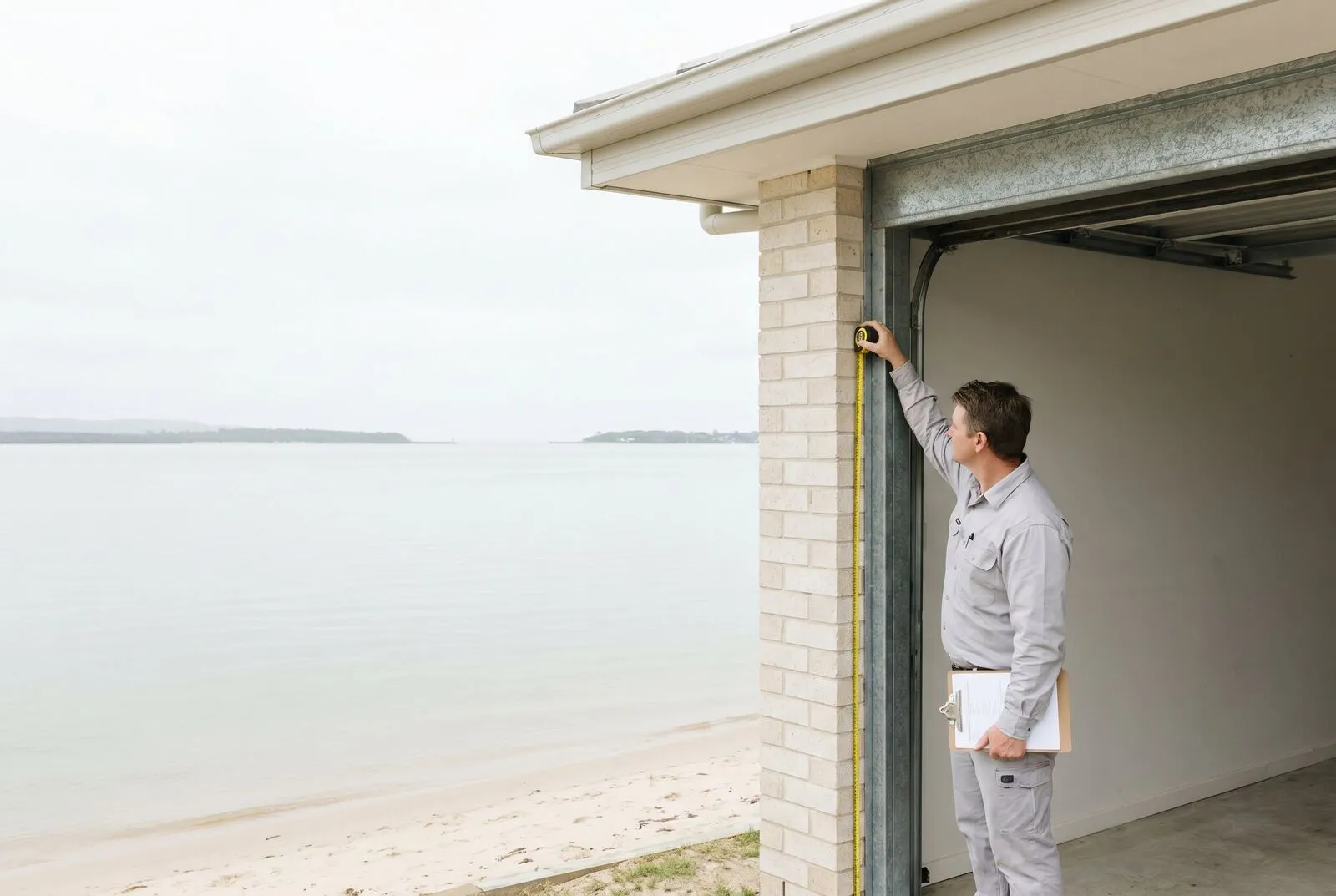 A technician measuring the side jamb of an empty garage door opening with a tape measure
