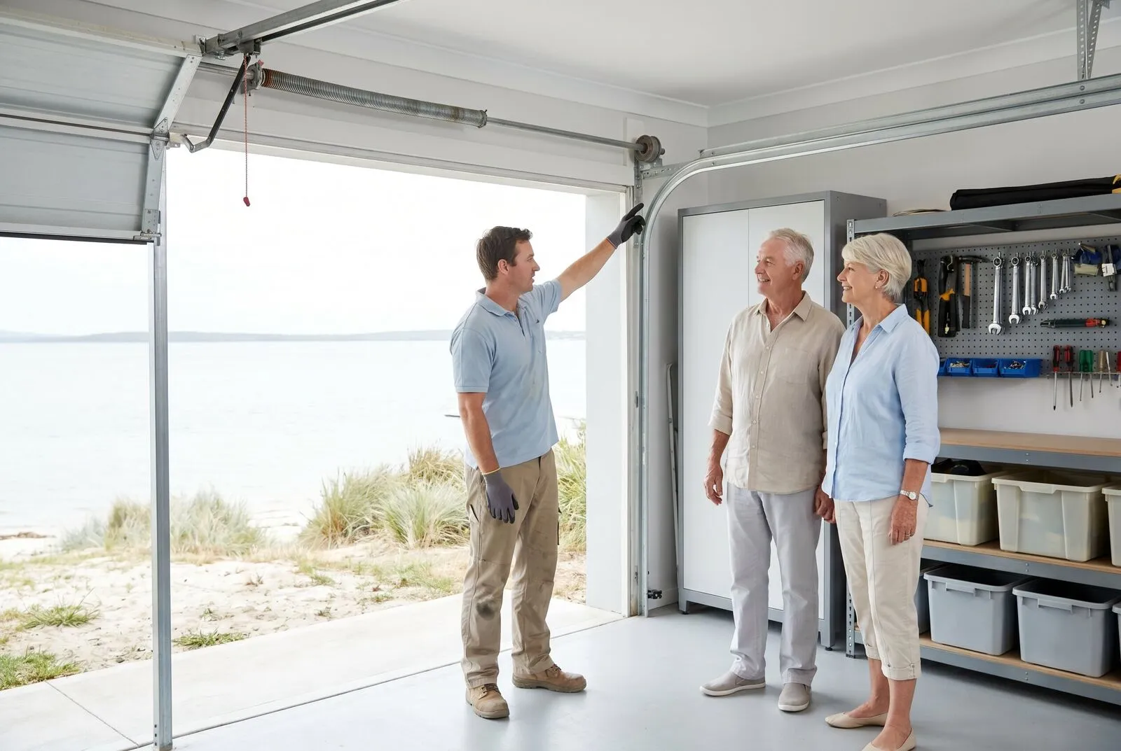 A technician pointing out the spring shaft above an open garage door to an older couple